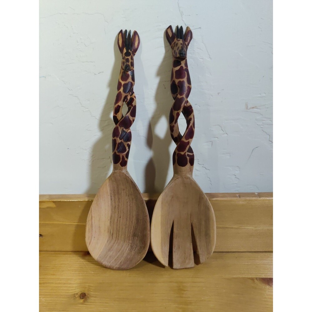 Vintage Carved Wood Kitchen Art Salad Set Spoon Fork Giraffe Africa style 11"